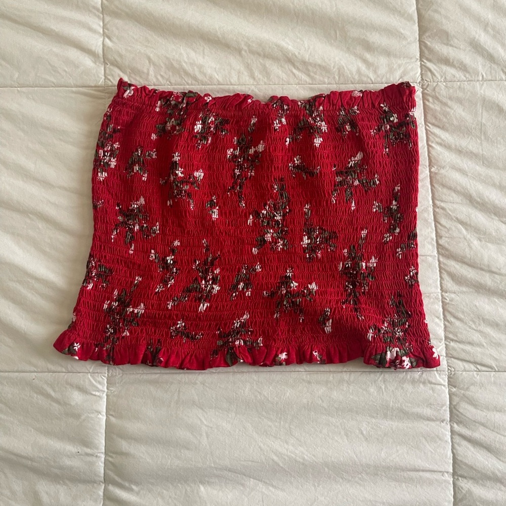 Red Floral Tube Top with Ruffle Hem